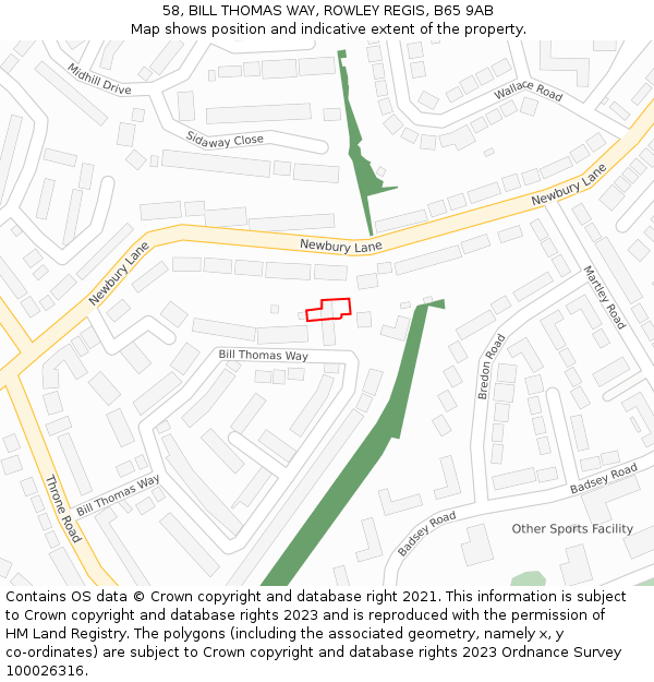 58, BILL THOMAS WAY, ROWLEY REGIS, B65 9AB: Location map and indicative extent of plot