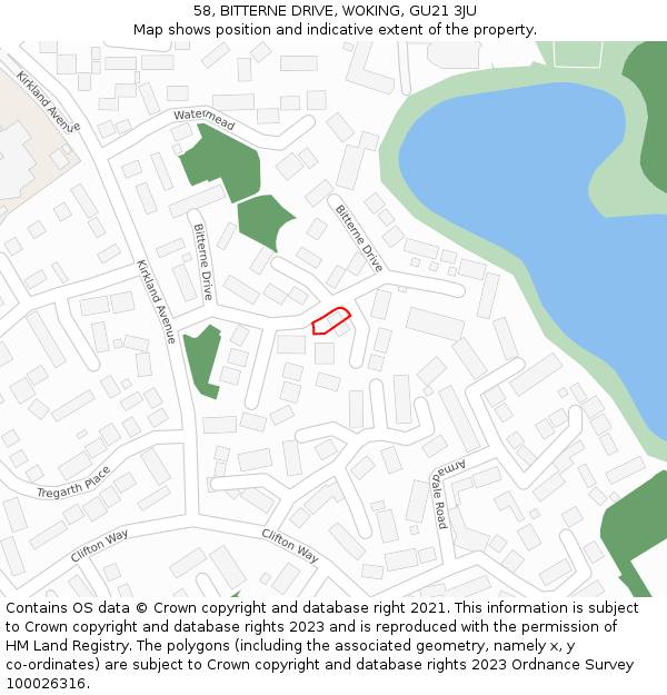 58, BITTERNE DRIVE, WOKING, GU21 3JU: Location map and indicative extent of plot