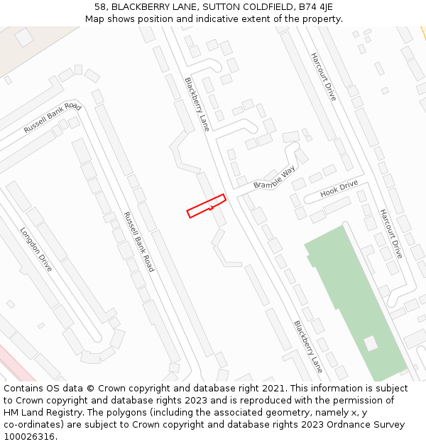 58, BLACKBERRY LANE, SUTTON COLDFIELD, B74 4JE: Location map and indicative extent of plot