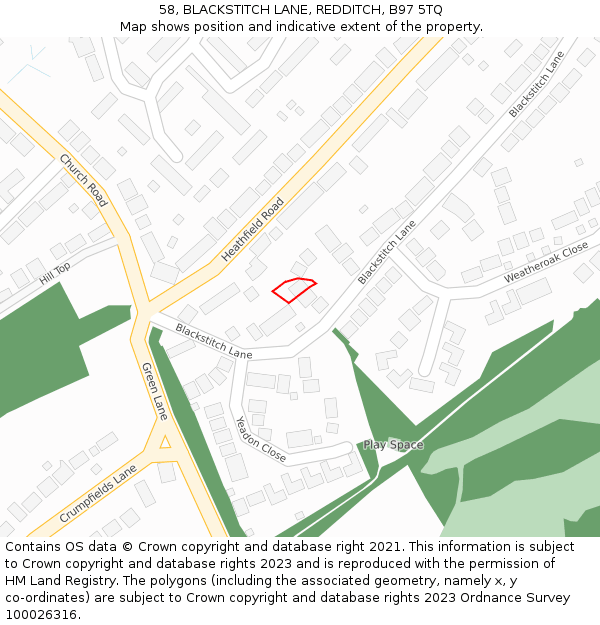 58, BLACKSTITCH LANE, REDDITCH, B97 5TQ: Location map and indicative extent of plot