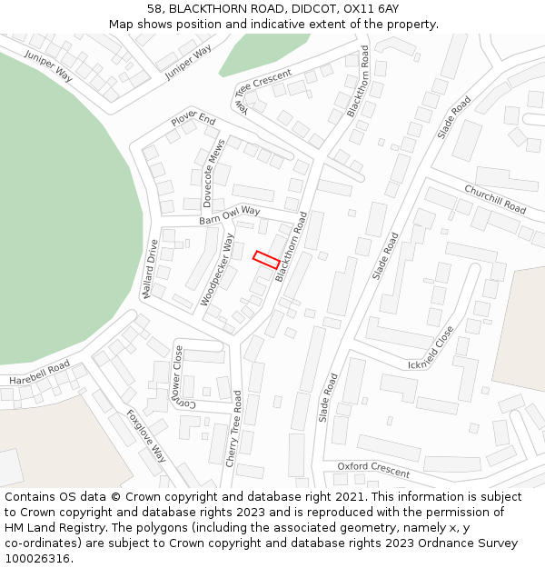 58, BLACKTHORN ROAD, DIDCOT, OX11 6AY: Location map and indicative extent of plot