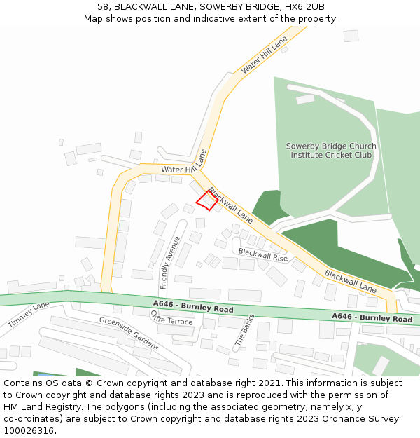 58, BLACKWALL LANE, SOWERBY BRIDGE, HX6 2UB: Location map and indicative extent of plot