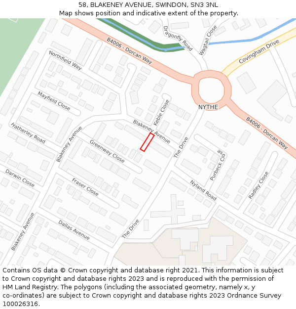 58, BLAKENEY AVENUE, SWINDON, SN3 3NL: Location map and indicative extent of plot