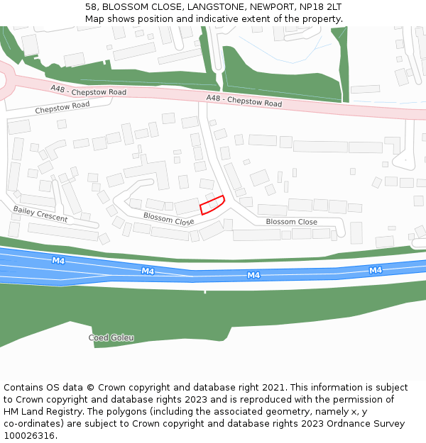 58, BLOSSOM CLOSE, LANGSTONE, NEWPORT, NP18 2LT: Location map and indicative extent of plot