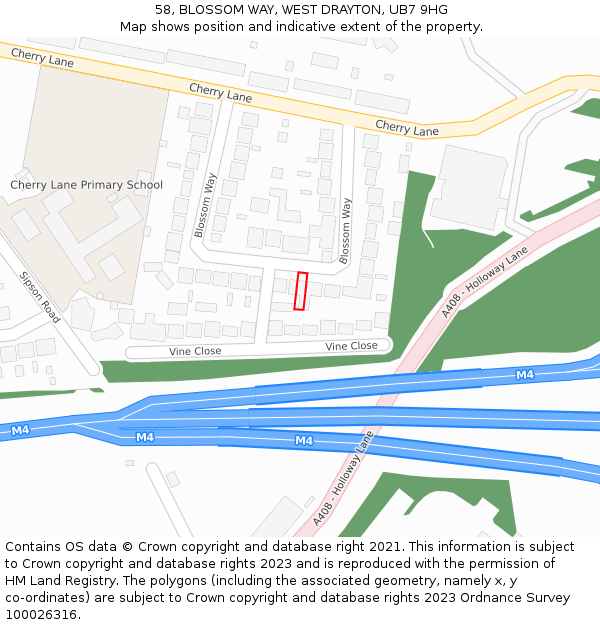 58, BLOSSOM WAY, WEST DRAYTON, UB7 9HG: Location map and indicative extent of plot