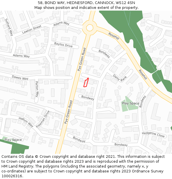 58, BOND WAY, HEDNESFORD, CANNOCK, WS12 4SN: Location map and indicative extent of plot