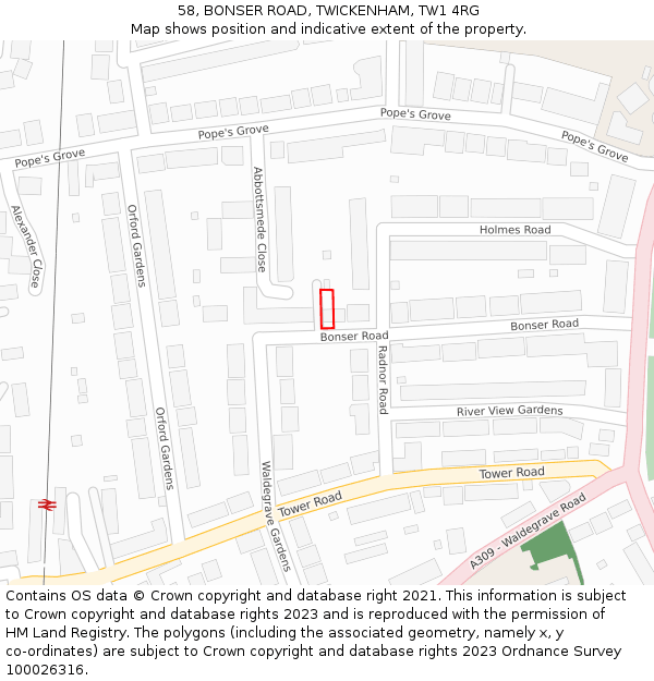 58, BONSER ROAD, TWICKENHAM, TW1 4RG: Location map and indicative extent of plot