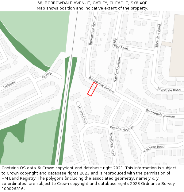 58, BORROWDALE AVENUE, GATLEY, CHEADLE, SK8 4QF: Location map and indicative extent of plot