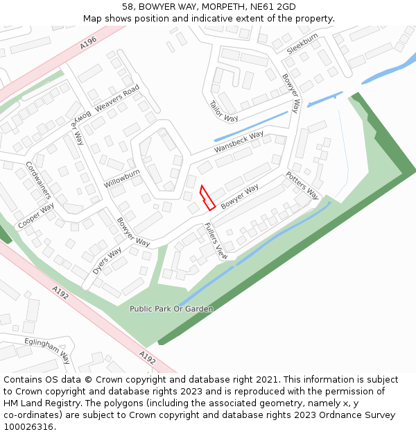 58, BOWYER WAY, MORPETH, NE61 2GD: Location map and indicative extent of plot