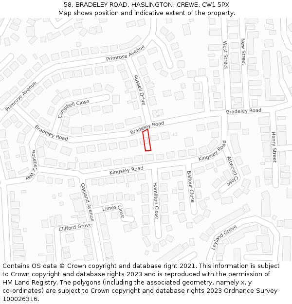 58, BRADELEY ROAD, HASLINGTON, CREWE, CW1 5PX: Location map and indicative extent of plot