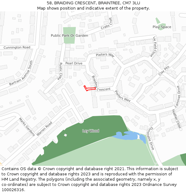 58, BRAIDING CRESCENT, BRAINTREE, CM7 3LU: Location map and indicative extent of plot