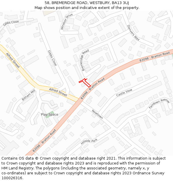 58, BREMERIDGE ROAD, WESTBURY, BA13 3UJ: Location map and indicative extent of plot