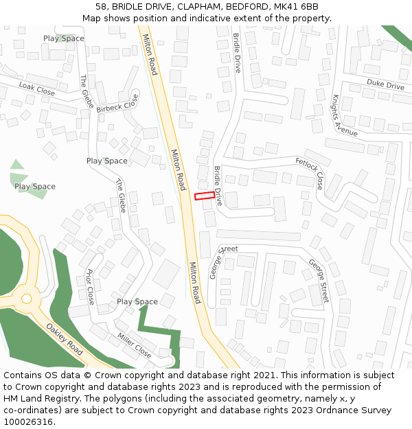 58, BRIDLE DRIVE, CLAPHAM, BEDFORD, MK41 6BB: Location map and indicative extent of plot