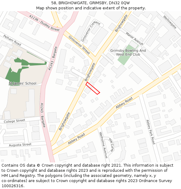 58, BRIGHOWGATE, GRIMSBY, DN32 0QW: Location map and indicative extent of plot