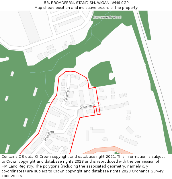 58, BROADFERN, STANDISH, WIGAN, WN6 0GP: Location map and indicative extent of plot