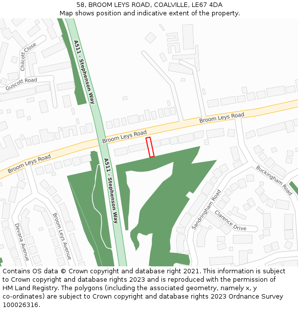58, BROOM LEYS ROAD, COALVILLE, LE67 4DA: Location map and indicative extent of plot
