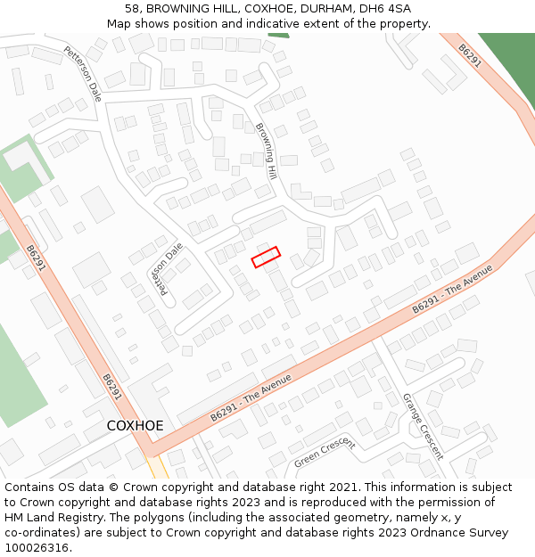 58, BROWNING HILL, COXHOE, DURHAM, DH6 4SA: Location map and indicative extent of plot