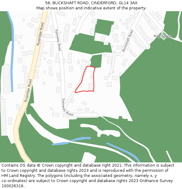 58, BUCKSHAFT ROAD, CINDERFORD, GL14 3AX: Location map and indicative extent of plot