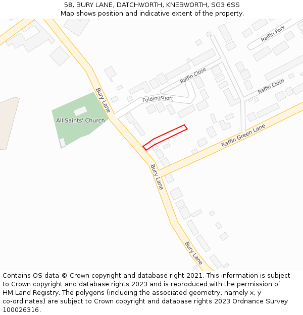 58, BURY LANE, DATCHWORTH, KNEBWORTH, SG3 6SS: Location map and indicative extent of plot