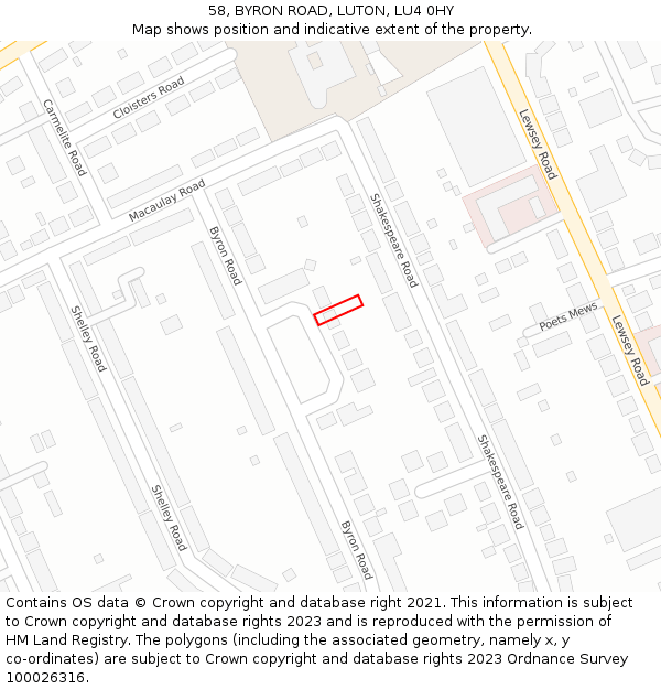 58, BYRON ROAD, LUTON, LU4 0HY: Location map and indicative extent of plot