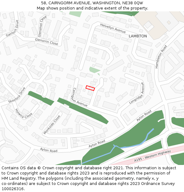 58, CAIRNGORM AVENUE, WASHINGTON, NE38 0QW: Location map and indicative extent of plot