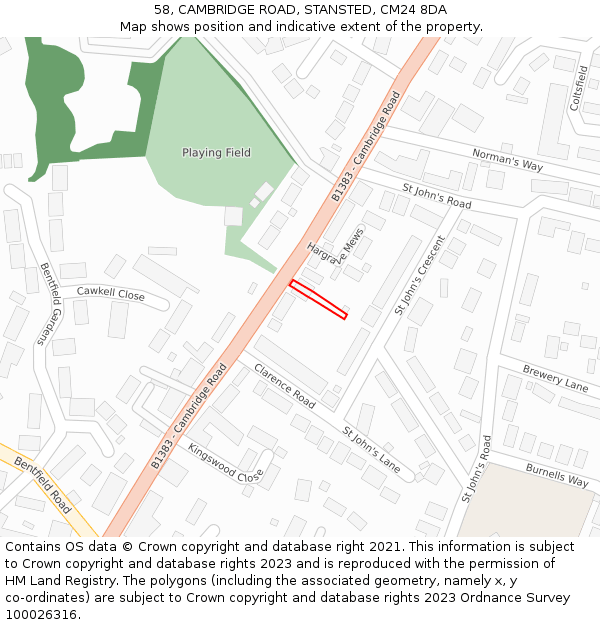 58, CAMBRIDGE ROAD, STANSTED, CM24 8DA: Location map and indicative extent of plot