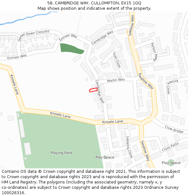 58, CAMBRIDGE WAY, CULLOMPTON, EX15 1GQ: Location map and indicative extent of plot