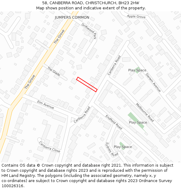 58, CANBERRA ROAD, CHRISTCHURCH, BH23 2HW: Location map and indicative extent of plot