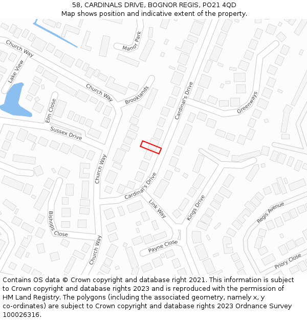 58, CARDINALS DRIVE, BOGNOR REGIS, PO21 4QD: Location map and indicative extent of plot