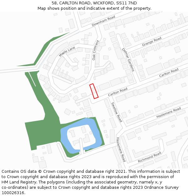 58, CARLTON ROAD, WICKFORD, SS11 7ND: Location map and indicative extent of plot