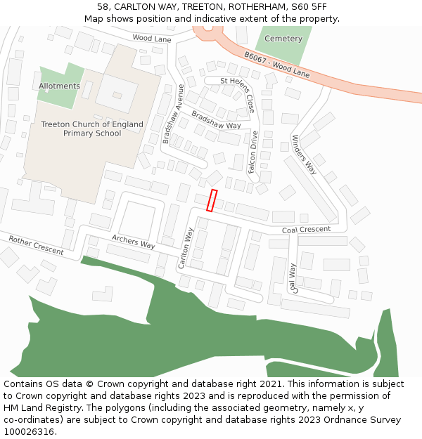 58, CARLTON WAY, TREETON, ROTHERHAM, S60 5FF: Location map and indicative extent of plot