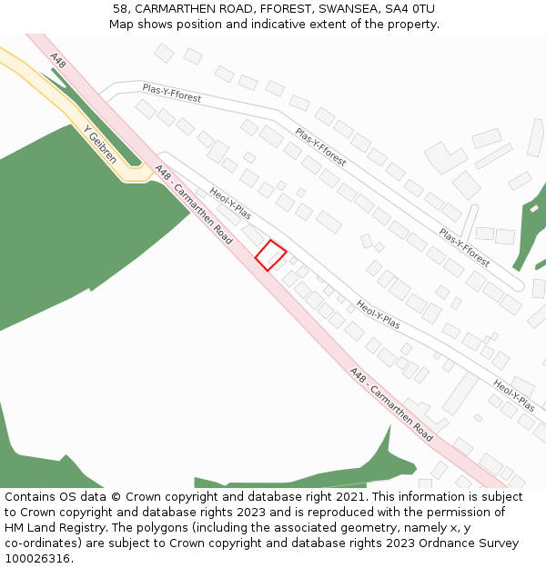 58, CARMARTHEN ROAD, FFOREST, SWANSEA, SA4 0TU: Location map and indicative extent of plot