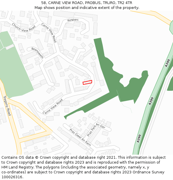 58, CARNE VIEW ROAD, PROBUS, TRURO, TR2 4TR: Location map and indicative extent of plot