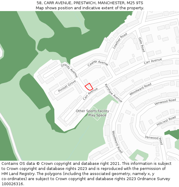 58, CARR AVENUE, PRESTWICH, MANCHESTER, M25 9TS: Location map and indicative extent of plot