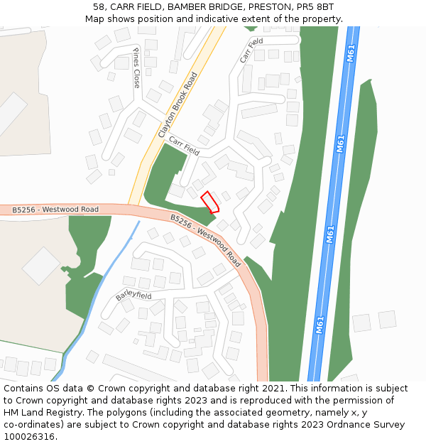 58, CARR FIELD, BAMBER BRIDGE, PRESTON, PR5 8BT: Location map and indicative extent of plot