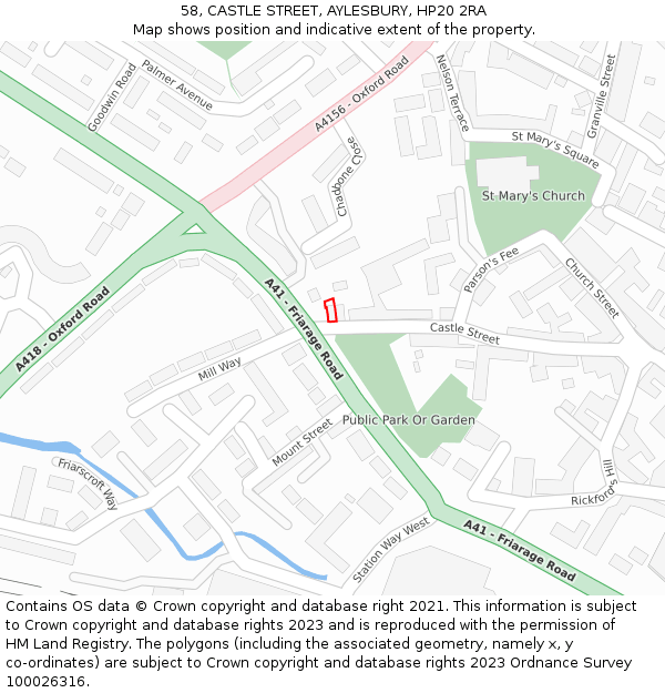 58, CASTLE STREET, AYLESBURY, HP20 2RA: Location map and indicative extent of plot