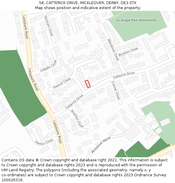 58, CATTERICK DRIVE, MICKLEOVER, DERBY, DE3 0TX: Location map and indicative extent of plot