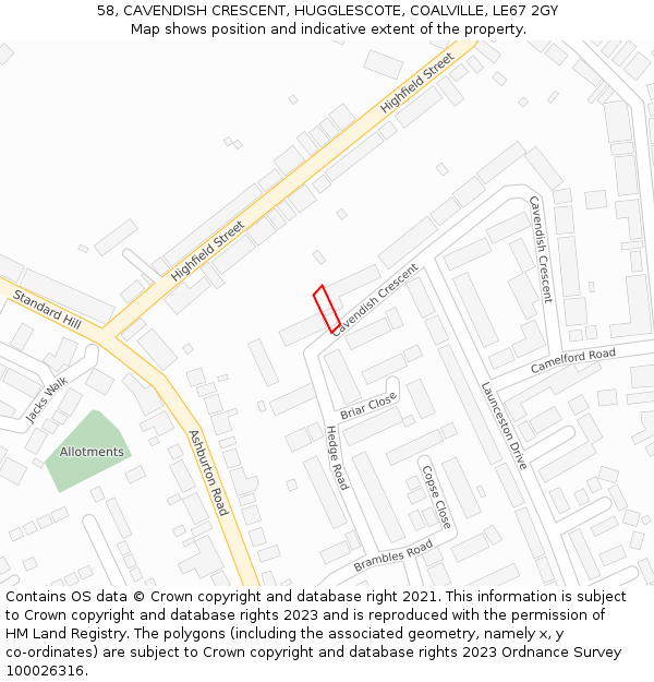 58, CAVENDISH CRESCENT, HUGGLESCOTE, COALVILLE, LE67 2GY: Location map and indicative extent of plot