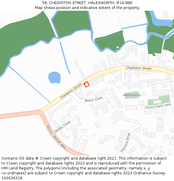 58, CHEDISTON STREET, HALESWORTH, IP19 8BE: Location map and indicative extent of plot