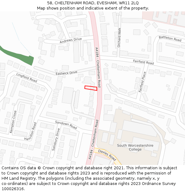58, CHELTENHAM ROAD, EVESHAM, WR11 2LQ: Location map and indicative extent of plot