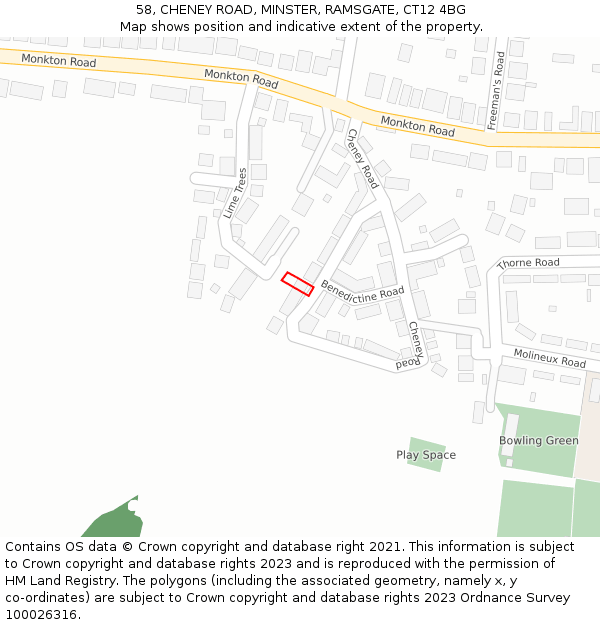 58, CHENEY ROAD, MINSTER, RAMSGATE, CT12 4BG: Location map and indicative extent of plot