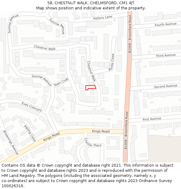 58, CHESTNUT WALK, CHELMSFORD, CM1 4JT: Location map and indicative extent of plot