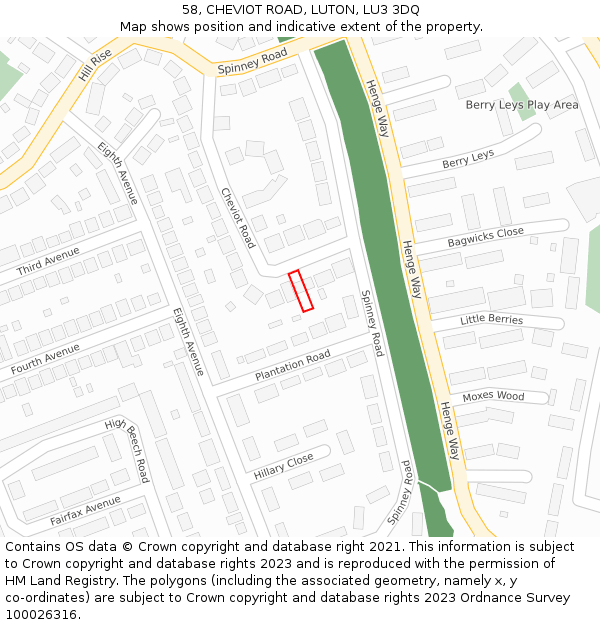 58, CHEVIOT ROAD, LUTON, LU3 3DQ: Location map and indicative extent of plot