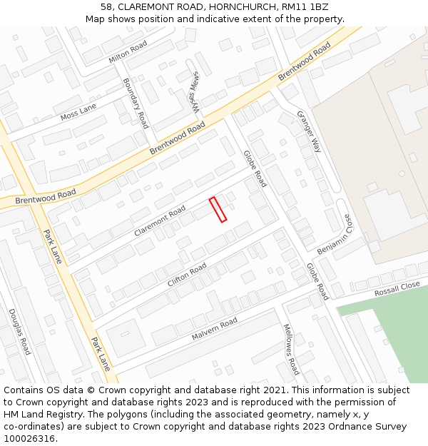 58, CLAREMONT ROAD, HORNCHURCH, RM11 1BZ: Location map and indicative extent of plot