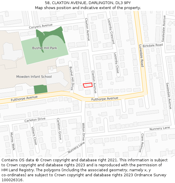 58, CLAXTON AVENUE, DARLINGTON, DL3 9PY: Location map and indicative extent of plot