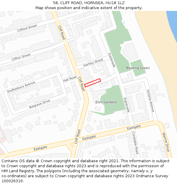 58, CLIFF ROAD, HORNSEA, HU18 1LZ: Location map and indicative extent of plot