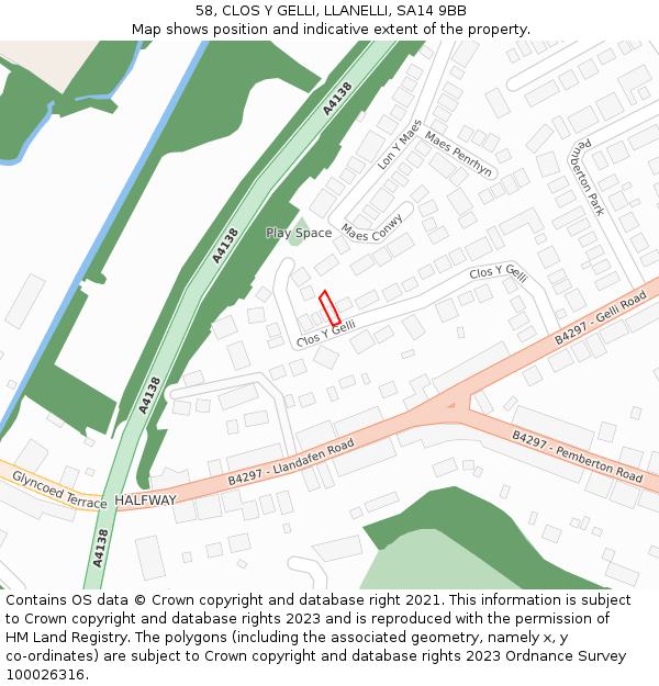 58, CLOS Y GELLI, LLANELLI, SA14 9BB: Location map and indicative extent of plot