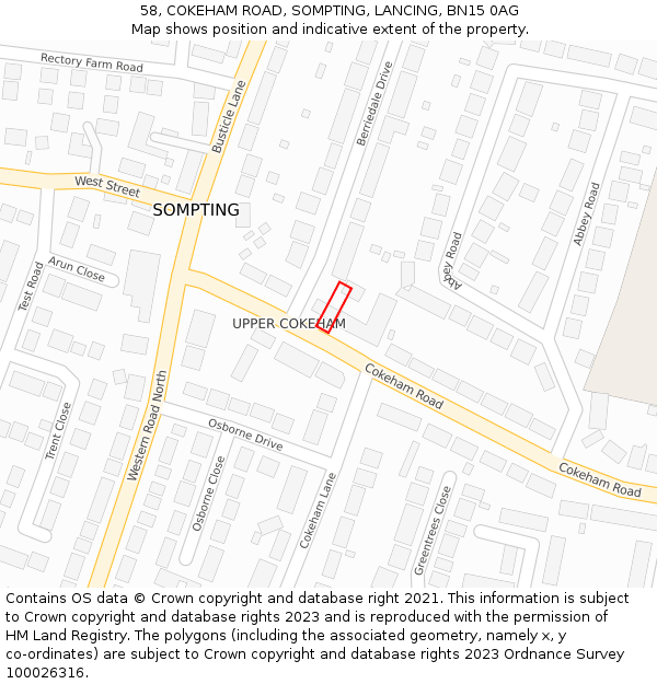 58, COKEHAM ROAD, SOMPTING, LANCING, BN15 0AG: Location map and indicative extent of plot