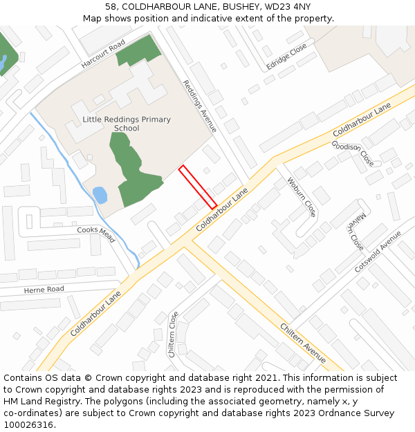 58, COLDHARBOUR LANE, BUSHEY, WD23 4NY: Location map and indicative extent of plot