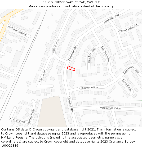 58, COLERIDGE WAY, CREWE, CW1 5LE: Location map and indicative extent of plot